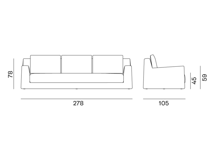 loll-14@2x Schéma d'un canapé aux dimensions : largeur 278 cm, profondeur 105 cm, hauteur 82 cm, hauteur d'assise 42 cm, hauteur d'accoudoir 62 cm. Fabriqué avec qualité pour les goûts raffinés de Paris. Canape Paris by Atelier Bis