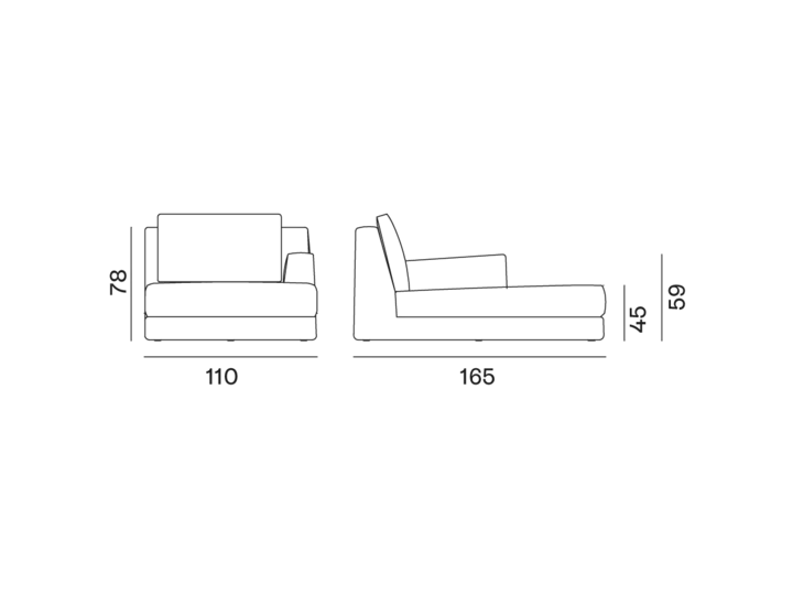 loll-20@2x Dessin au trait d'un canapé de haute qualité avec un lit gigogne, présenté en vue de profil latéral avec les dimensions indiquées. Canape Paris by Atelier Bis
