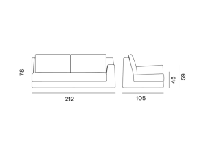 loll-22@2x Schéma d'un canapé aux dimensions : hauteur 70 cm, profondeur 105 cm et largeur 212 cm, accoudoirs et dossier compris. Parfait pour toute exposition en salle d'exposition. Canape Paris by Atelier Bis