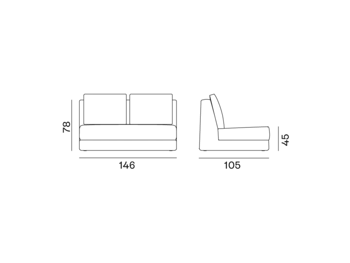 loll-23@2x Schéma d'un canapé avec mesures : hauteur 78 cm, largeur 145 cm, profondeur 105 cm et hauteur d'accoudoir à 62 cm. Fabriqué avec un accent sur la qualité et le prix. Canape Paris by Atelier Bis