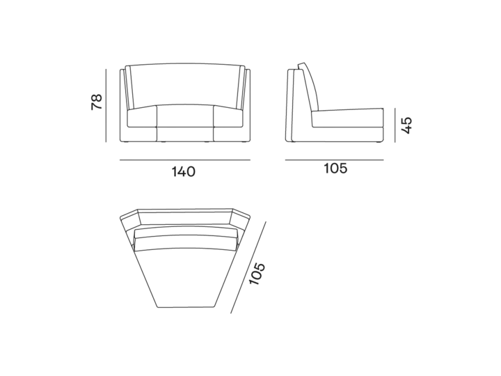 loll-25@2x Dessin technique d'un canapé aux dimensions : 140cm de largeur, 105cm de profondeur, 78cm de hauteur, hauteur d'assise 43cm. Inspirée de l'élégance parisienne, cette pièce allie prix et qualité pour l'acheteur exigeant. Canape Paris by Atelier Bis