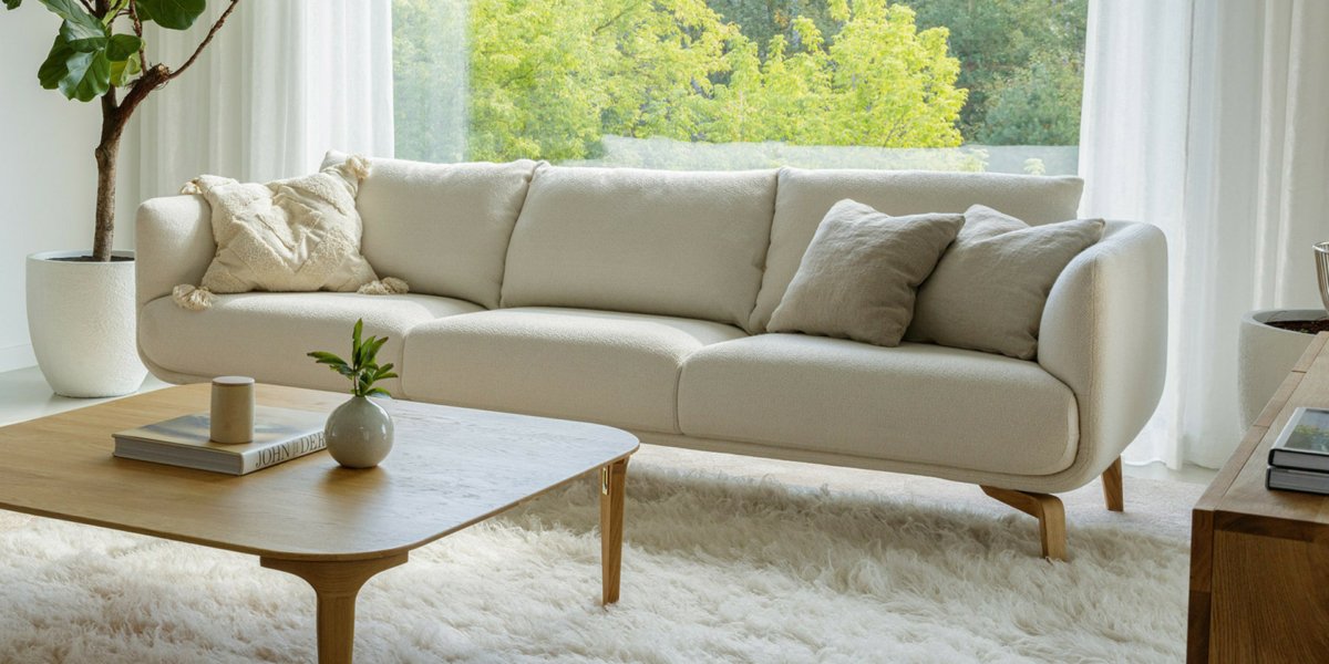 Un canapé beige avec des coussins orne un salon lumineux, à côté d'une table basse en bois sur un tapis moelleux, respire l'élégance d'un showroom parisien. Canape Paris by Atelier Bis