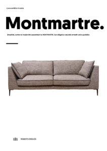 Découvrez la qualité d'un canapé Montmartre gris avec coussins, élégamment présenté dans notre showroom parisien sur un fond blanc minimaliste. Canape Paris by Atelier Bis