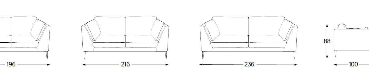 Découvrez nos dessins au trait de trois canapés élégants, méticuleusement détaillés avec des dimensions : 196, 216 et 236 cm de large. La vue latérale présente des hauteurs de 88, 72 et 44 cm. Découvrez une qualité de conception inégalée qui allie harmonieusement style et fonctionnalité. Canape Paris by Atelier Bis