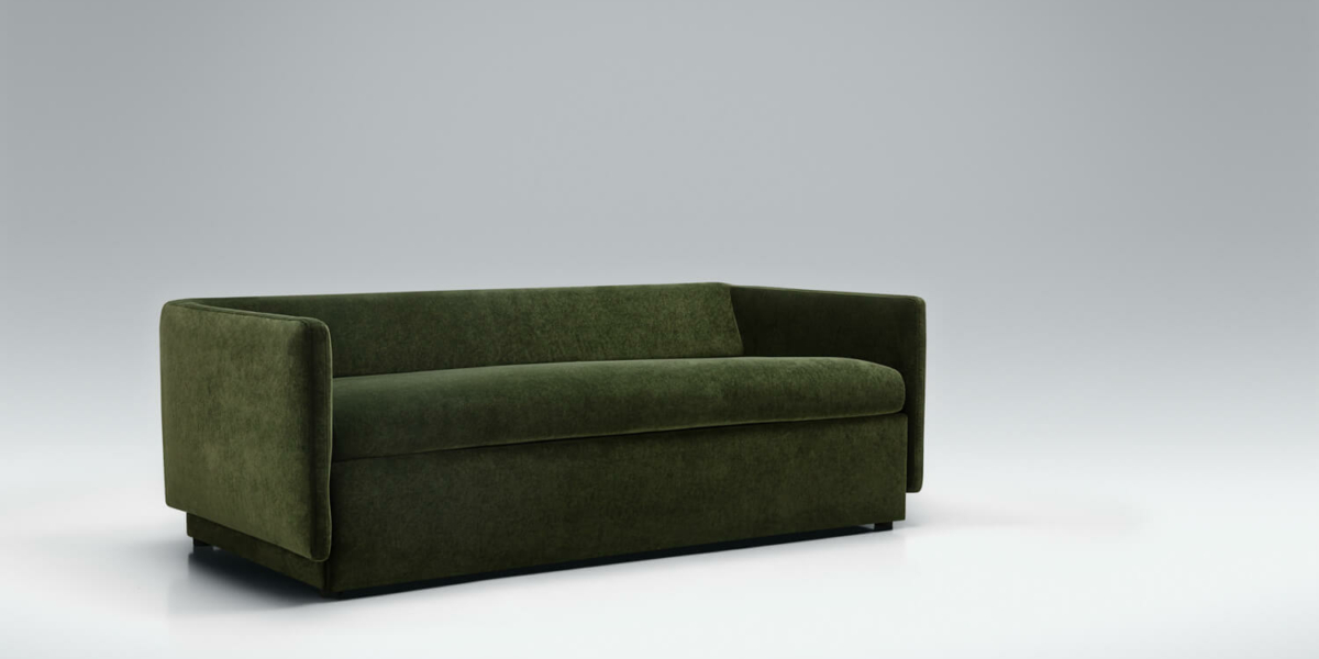 Canapé convertible en lit Colin en vert avec des coussins assortis dans un salon moderne Dans un salon au design moderne, le canapé Colin en vert est agrémenté de coussins assortis, créant un contraste élégant et contemporain.