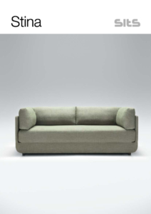 Canapé moderne vert clair avec coussins carrés sur fond gris. Les inscriptions « Stina » et « Sits » en haut, incarnent à la fois style et qualité. Canape Paris by Atelier Bis