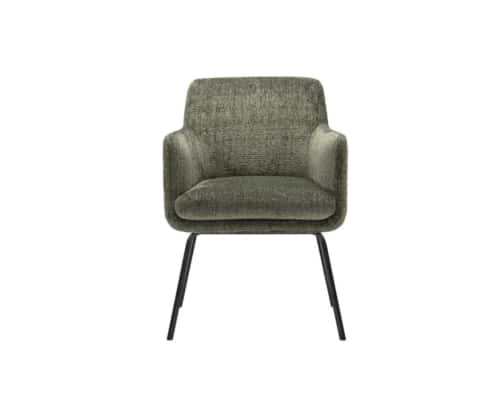 Chaise tapissée verte avec accoudoirs et pieds en métal noir, reflétant l'élégance parisienne et vue de face. Canape Paris by Atelier Bis