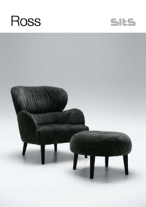 Fauteuil vert foncé avec un pouf assorti sur fond clair, étiqueté "Ross" avec le logo "sits", mettant en valeur la qualité parisienne. Canape Paris by Atelier Bis