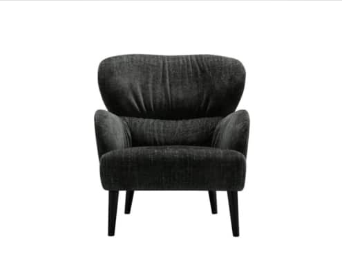 Fauteuil rembourré vert foncé avec pieds noirs, rappelant un décor de salle d'exposition chic, sur un fond blanc immaculé, illustrant une qualité exceptionnelle. Canape Paris by Atelier Bis