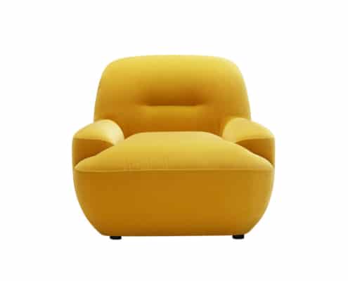 Fauteuil jaune moelleux au design moderne, doté d'une assise rembourrée et d'un dossier arrondi, rappelant le style parisien chic, parfait pour compléter n'importe quel canapé ou canapé contemporain. Canape Paris by Atelier Bis