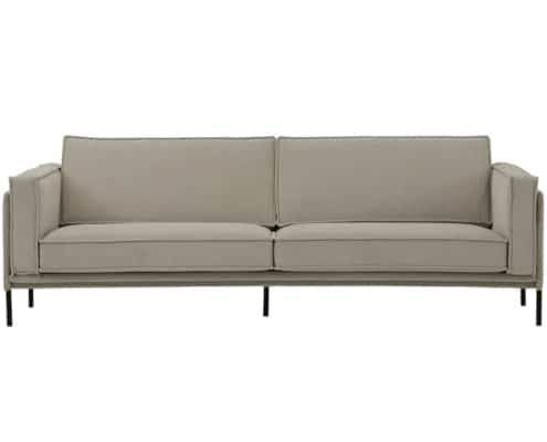 Canapé gris minimaliste doté de pieds noirs fins, parfaitement mis en scène sur un fond blanc pour illustrer un design de qualité salle d'exposition. Canape Paris by Atelier Bis