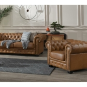Canapé Chesterfield en cuir brun foncé avec capitonnage en losange caractéristique